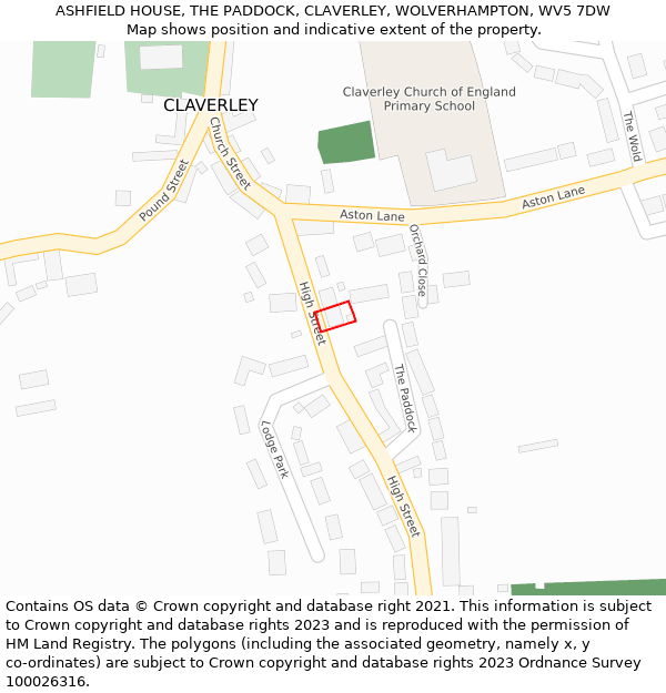 ASHFIELD HOUSE, THE PADDOCK, CLAVERLEY, WOLVERHAMPTON, WV5 7DW: Location map and indicative extent of plot