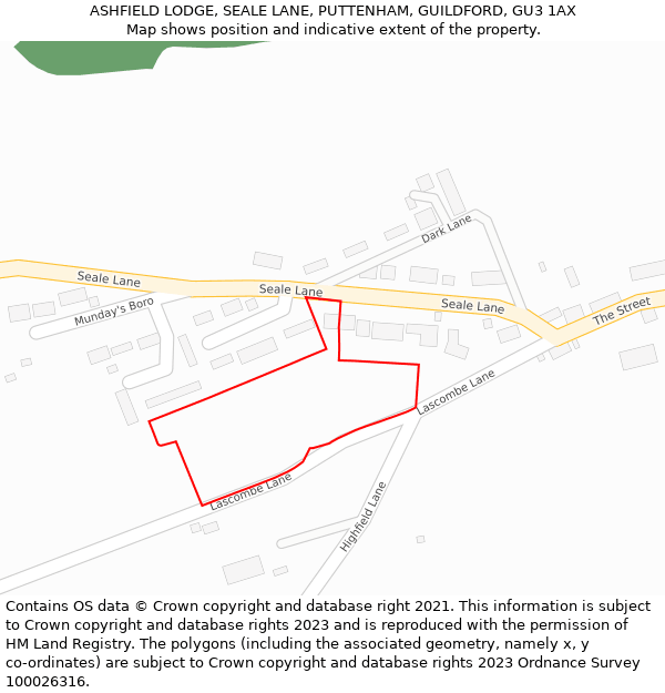 ASHFIELD LODGE, SEALE LANE, PUTTENHAM, GUILDFORD, GU3 1AX: Location map and indicative extent of plot