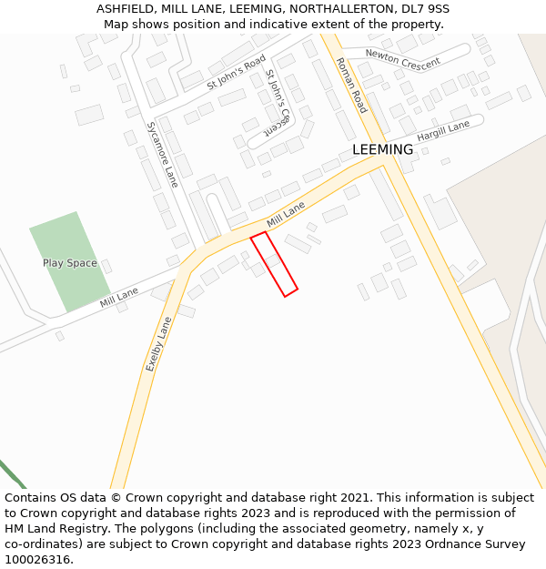 ASHFIELD, MILL LANE, LEEMING, NORTHALLERTON, DL7 9SS: Location map and indicative extent of plot