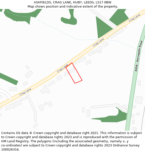 ASHFIELDS, CRAG LANE, HUBY, LEEDS, LS17 0BW: Location map and indicative extent of plot