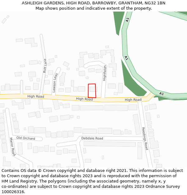 ASHLEIGH GARDENS, HIGH ROAD, BARROWBY, GRANTHAM, NG32 1BN: Location map and indicative extent of plot