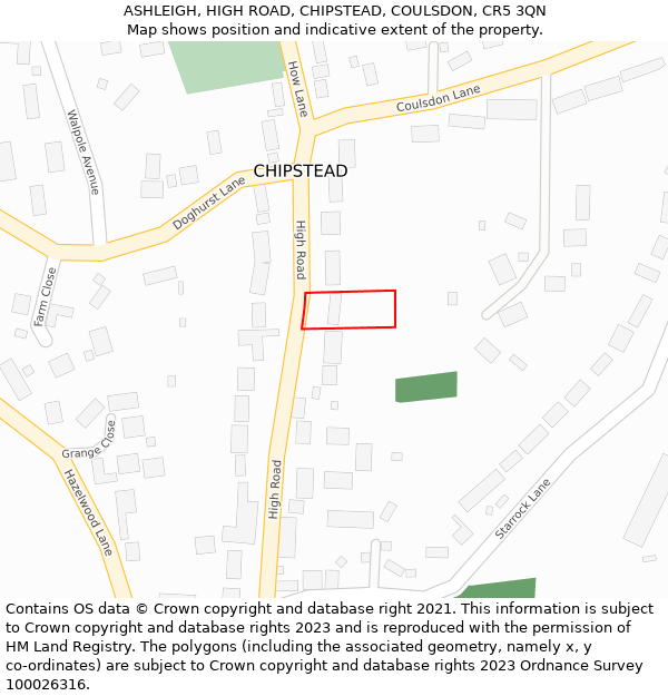 ASHLEIGH, HIGH ROAD, CHIPSTEAD, COULSDON, CR5 3QN: Location map and indicative extent of plot