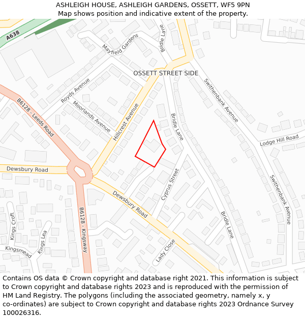 ASHLEIGH HOUSE, ASHLEIGH GARDENS, OSSETT, WF5 9PN: Location map and indicative extent of plot