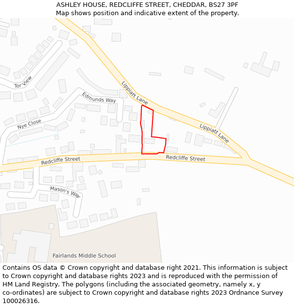 ASHLEY HOUSE, REDCLIFFE STREET, CHEDDAR, BS27 3PF: Location map and indicative extent of plot