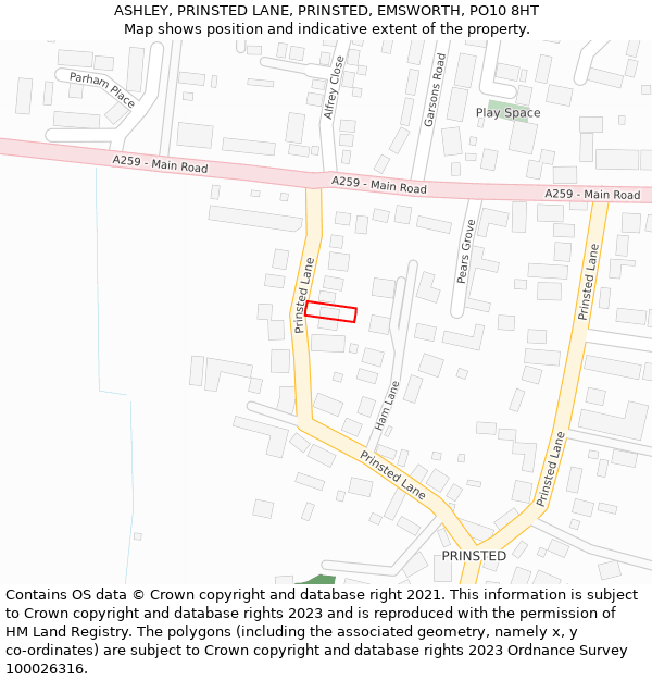 ASHLEY, PRINSTED LANE, PRINSTED, EMSWORTH, PO10 8HT: Location map and indicative extent of plot