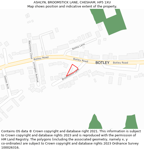 ASHLYN, BROOMSTICK LANE, CHESHAM, HP5 1XU: Location map and indicative extent of plot