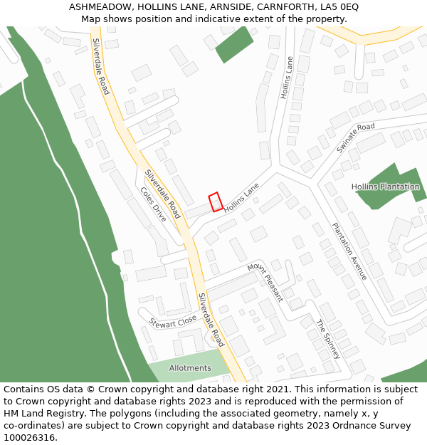 ASHMEADOW, HOLLINS LANE, ARNSIDE, CARNFORTH, LA5 0EQ: Location map and indicative extent of plot