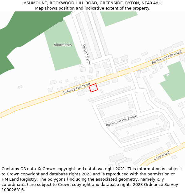 ASHMOUNT, ROCKWOOD HILL ROAD, GREENSIDE, RYTON, NE40 4AU: Location map and indicative extent of plot