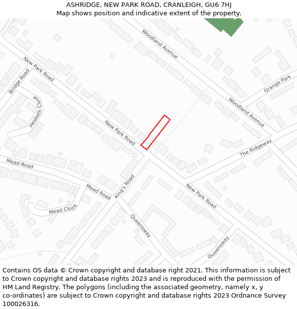 ASHRIDGE, NEW PARK ROAD, CRANLEIGH, GU6 7HJ: Location map and indicative extent of plot