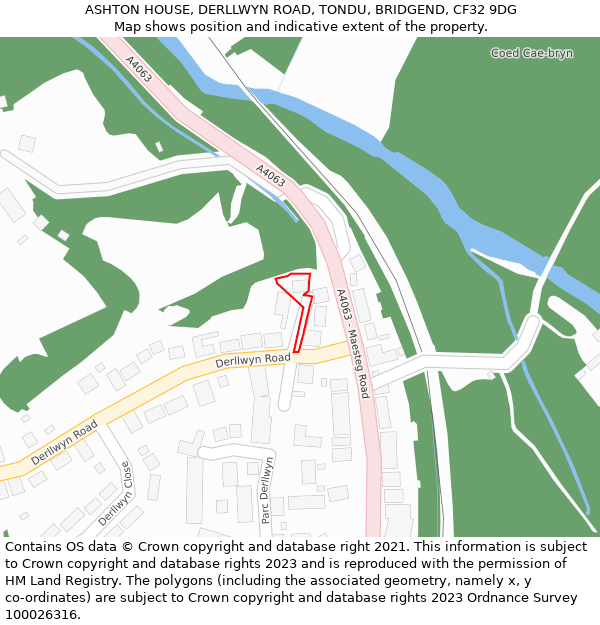 ASHTON HOUSE, DERLLWYN ROAD, TONDU, BRIDGEND, CF32 9DG: Location map and indicative extent of plot