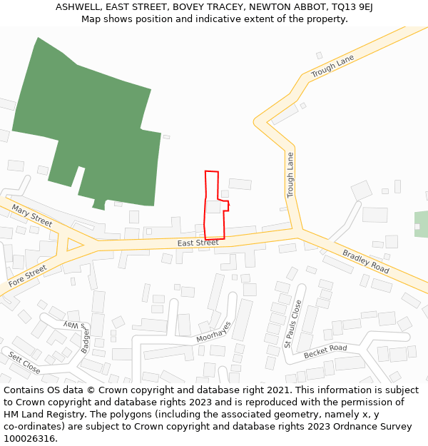 ASHWELL, EAST STREET, BOVEY TRACEY, NEWTON ABBOT, TQ13 9EJ: Location map and indicative extent of plot