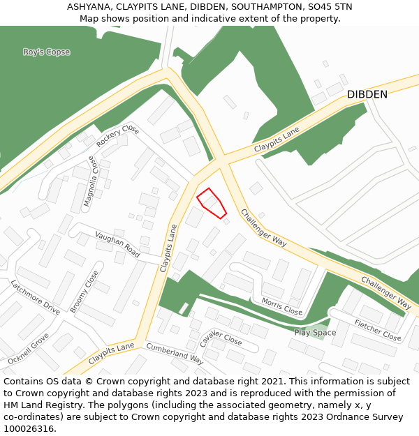 ASHYANA, CLAYPITS LANE, DIBDEN, SOUTHAMPTON, SO45 5TN: Location map and indicative extent of plot