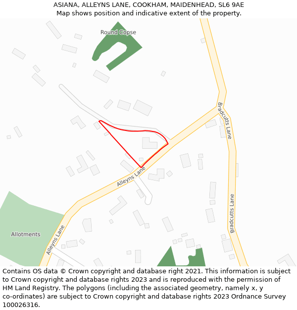 ASIANA, ALLEYNS LANE, COOKHAM, MAIDENHEAD, SL6 9AE: Location map and indicative extent of plot