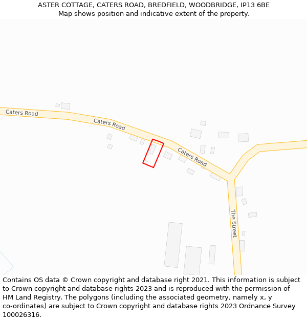 ASTER COTTAGE, CATERS ROAD, BREDFIELD, WOODBRIDGE, IP13 6BE: Location map and indicative extent of plot