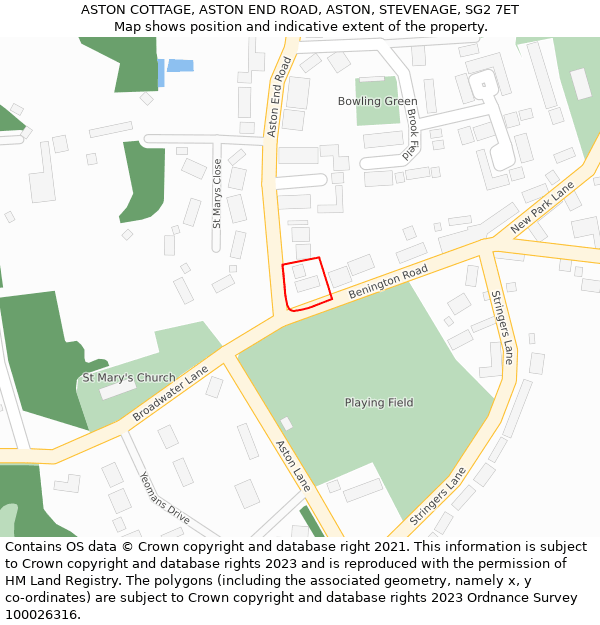 ASTON COTTAGE, ASTON END ROAD, ASTON, STEVENAGE, SG2 7ET: Location map and indicative extent of plot