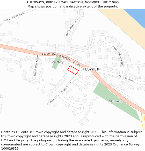 AULDWAYS, PRIORY ROAD, BACTON, NORWICH, NR12 0HQ: Location map and indicative extent of plot