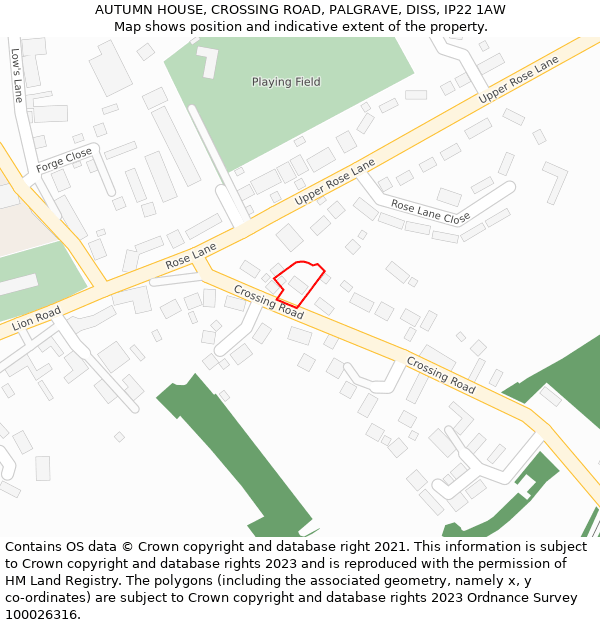 AUTUMN HOUSE, CROSSING ROAD, PALGRAVE, DISS, IP22 1AW: Location map and indicative extent of plot