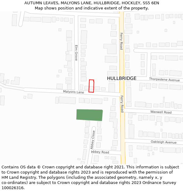 AUTUMN LEAVES, MALYONS LANE, HULLBRIDGE, HOCKLEY, SS5 6EN: Location map and indicative extent of plot