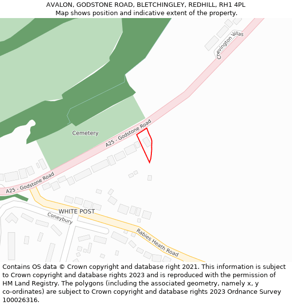 AVALON, GODSTONE ROAD, BLETCHINGLEY, REDHILL, RH1 4PL: Location map and indicative extent of plot
