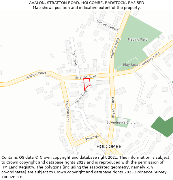 AVALON, STRATTON ROAD, HOLCOMBE, RADSTOCK, BA3 5ED: Location map and indicative extent of plot