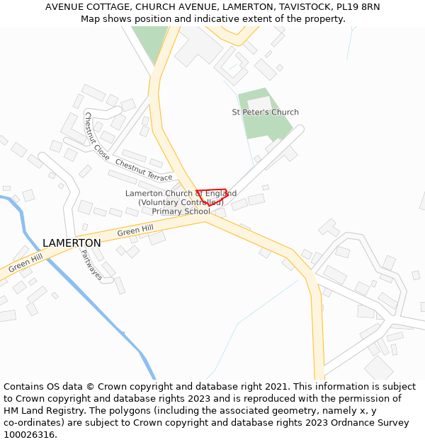 AVENUE COTTAGE, CHURCH AVENUE, LAMERTON, TAVISTOCK, PL19 8RN: Location map and indicative extent of plot