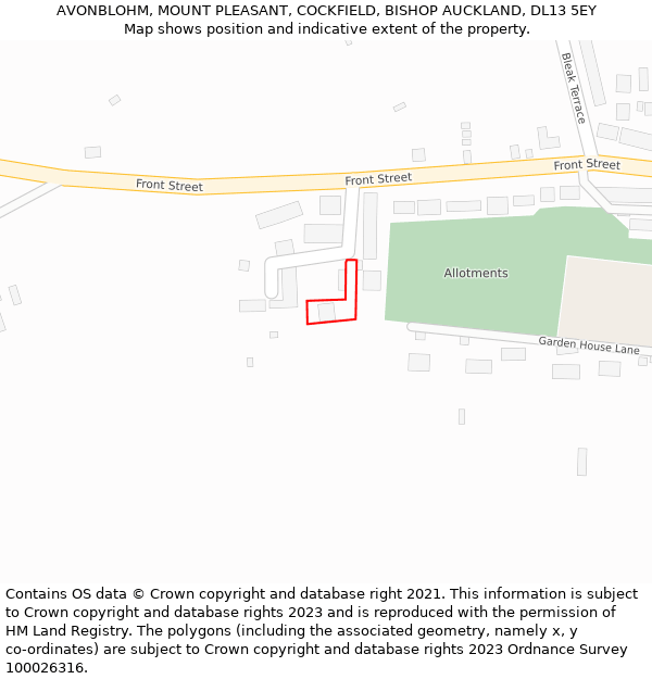 AVONBLOHM, MOUNT PLEASANT, COCKFIELD, BISHOP AUCKLAND, DL13 5EY: Location map and indicative extent of plot