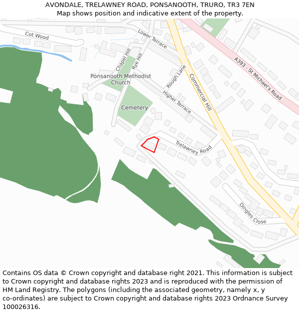 AVONDALE, TRELAWNEY ROAD, PONSANOOTH, TRURO, TR3 7EN: Location map and indicative extent of plot