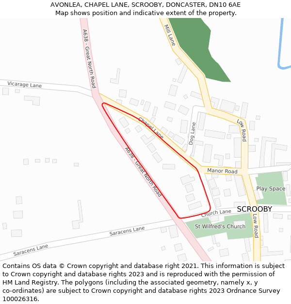 AVONLEA, CHAPEL LANE, SCROOBY, DONCASTER, DN10 6AE: Location map and indicative extent of plot
