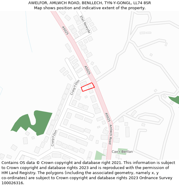 AWELFOR, AMLWCH ROAD, BENLLECH, TYN-Y-GONGL, LL74 8SR: Location map and indicative extent of plot