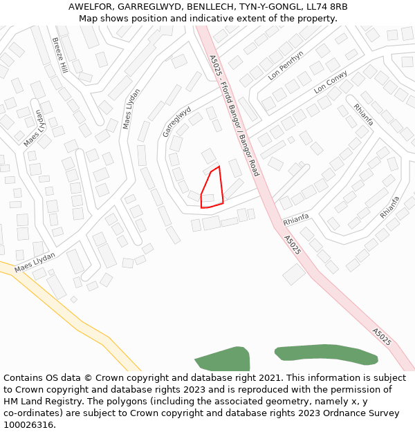 AWELFOR, GARREGLWYD, BENLLECH, TYN-Y-GONGL, LL74 8RB: Location map and indicative extent of plot