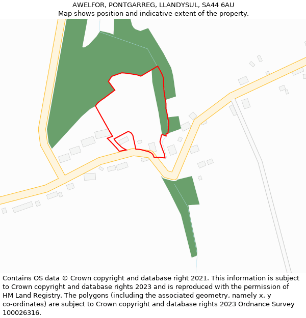 AWELFOR, PONTGARREG, LLANDYSUL, SA44 6AU: Location map and indicative extent of plot
