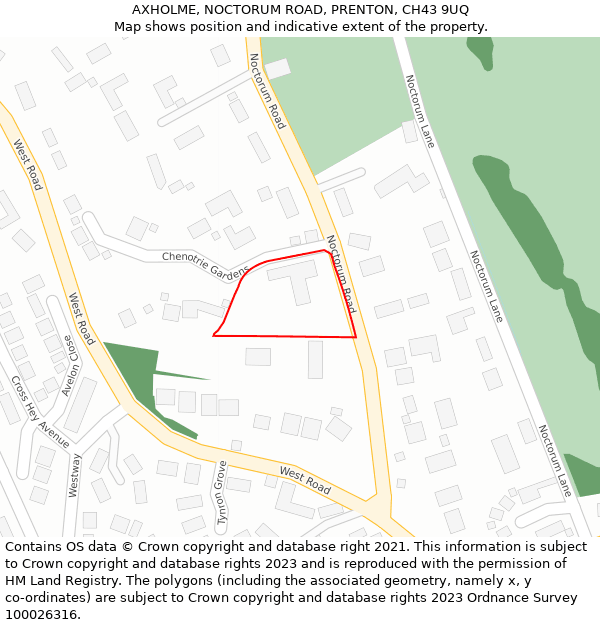 AXHOLME, NOCTORUM ROAD, PRENTON, CH43 9UQ: Location map and indicative extent of plot