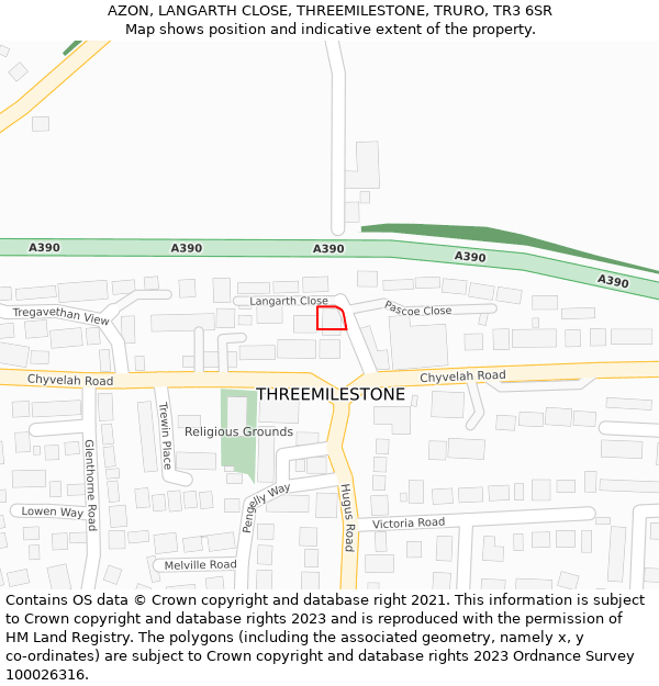 AZON, LANGARTH CLOSE, THREEMILESTONE, TRURO, TR3 6SR: Location map and indicative extent of plot