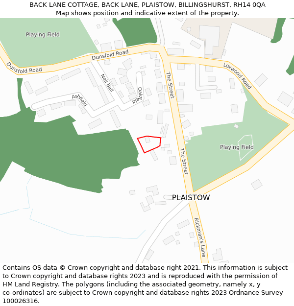 BACK LANE COTTAGE, BACK LANE, PLAISTOW, BILLINGSHURST, RH14 0QA: Location map and indicative extent of plot