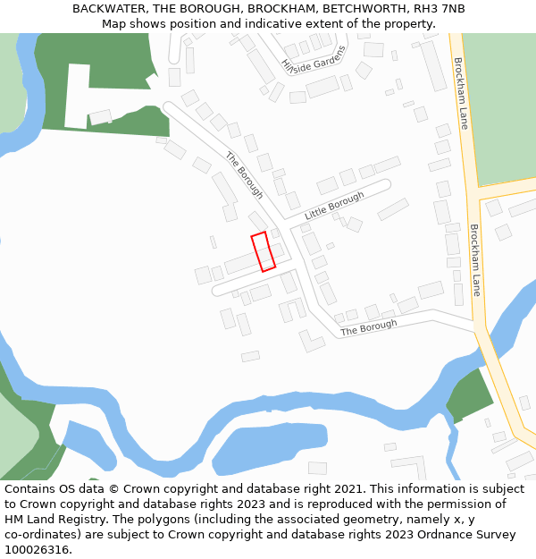 BACKWATER, THE BOROUGH, BROCKHAM, BETCHWORTH, RH3 7NB: Location map and indicative extent of plot