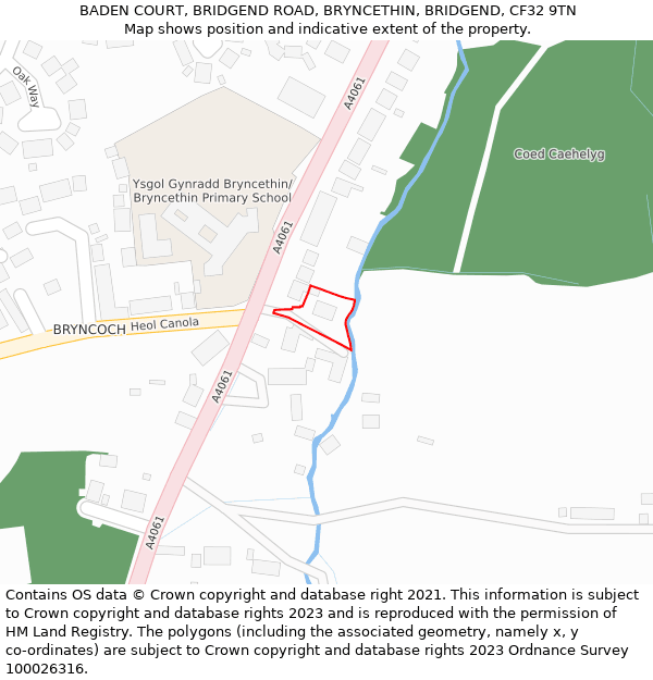 BADEN COURT, BRIDGEND ROAD, BRYNCETHIN, BRIDGEND, CF32 9TN: Location map and indicative extent of plot