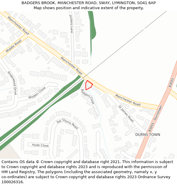 BADGERS BROOK, MANCHESTER ROAD, SWAY, LYMINGTON, SO41 6AP: Location map and indicative extent of plot
