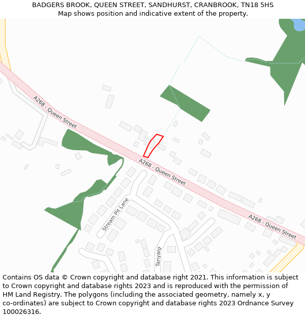 BADGERS BROOK, QUEEN STREET, SANDHURST, CRANBROOK, TN18 5HS: Location map and indicative extent of plot