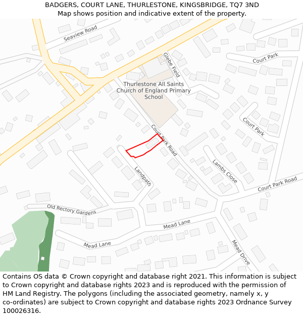 BADGERS, COURT LANE, THURLESTONE, KINGSBRIDGE, TQ7 3ND: Location map and indicative extent of plot