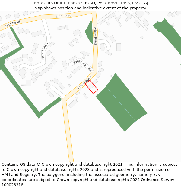 BADGERS DRIFT, PRIORY ROAD, PALGRAVE, DISS, IP22 1AJ: Location map and indicative extent of plot