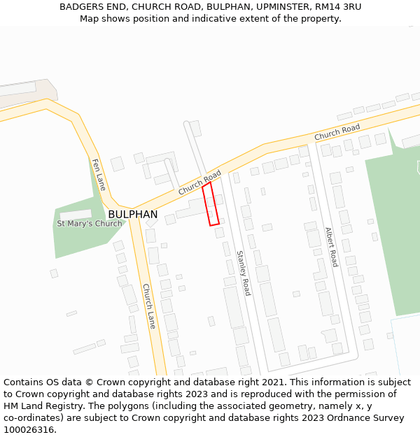 BADGERS END, CHURCH ROAD, BULPHAN, UPMINSTER, RM14 3RU: Location map and indicative extent of plot