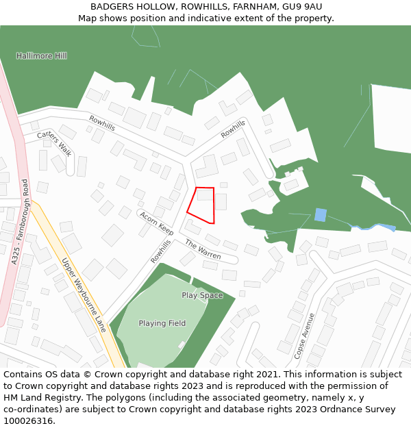BADGERS HOLLOW, ROWHILLS, FARNHAM, GU9 9AU: Location map and indicative extent of plot