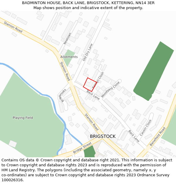 BADMINTON HOUSE, BACK LANE, BRIGSTOCK, KETTERING, NN14 3ER: Location map and indicative extent of plot