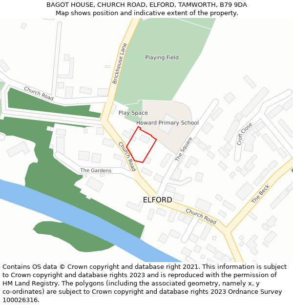 BAGOT HOUSE, CHURCH ROAD, ELFORD, TAMWORTH, B79 9DA: Location map and indicative extent of plot