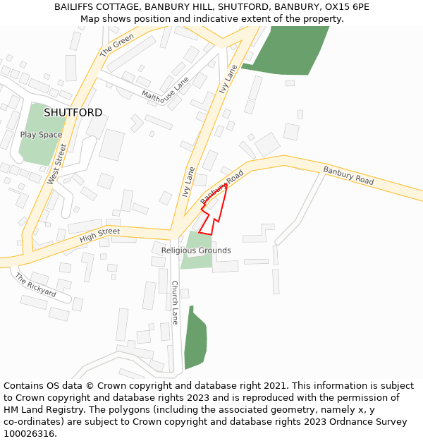 BAILIFFS COTTAGE, BANBURY HILL, SHUTFORD, BANBURY, OX15 6PE: Location map and indicative extent of plot