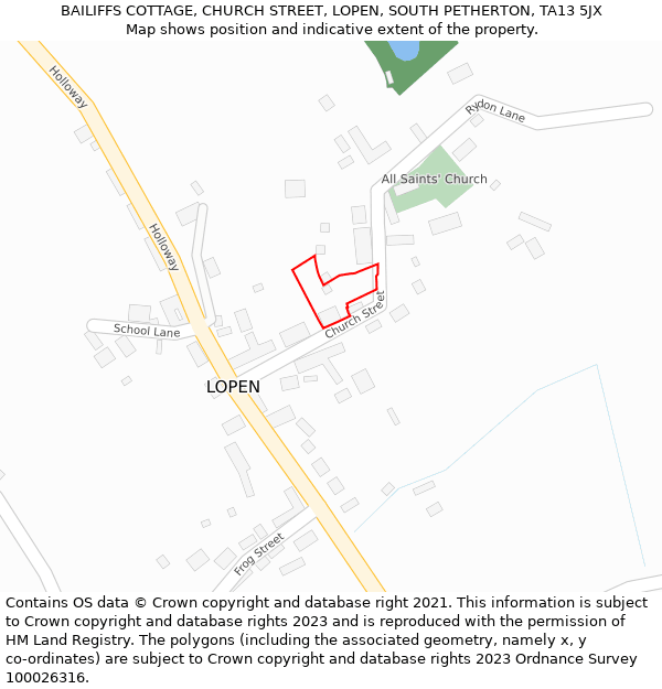 BAILIFFS COTTAGE, CHURCH STREET, LOPEN, SOUTH PETHERTON, TA13 5JX: Location map and indicative extent of plot