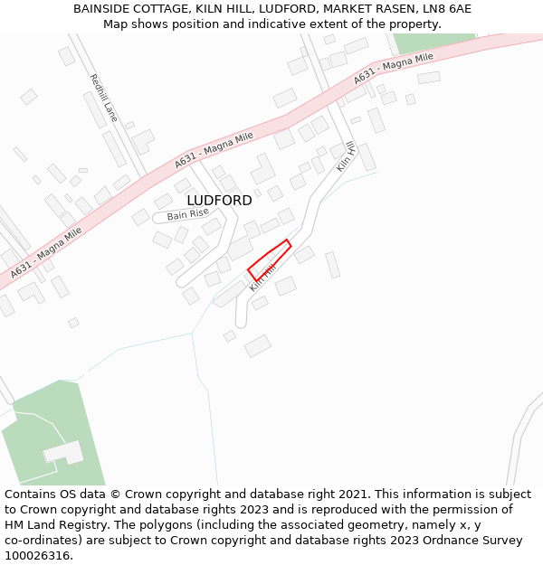 BAINSIDE COTTAGE, KILN HILL, LUDFORD, MARKET RASEN, LN8 6AE: Location map and indicative extent of plot