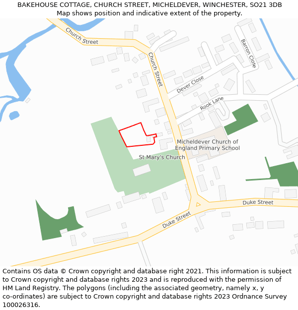 BAKEHOUSE COTTAGE, CHURCH STREET, MICHELDEVER, WINCHESTER, SO21 3DB: Location map and indicative extent of plot