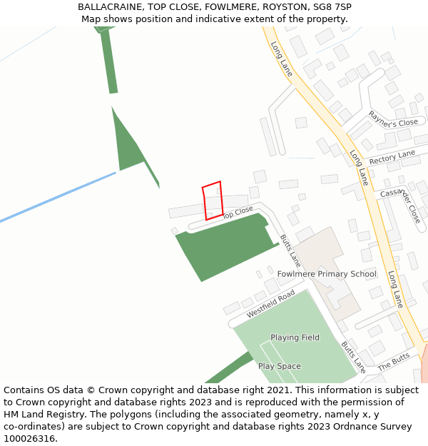 BALLACRAINE, TOP CLOSE, FOWLMERE, ROYSTON, SG8 7SP: Location map and indicative extent of plot