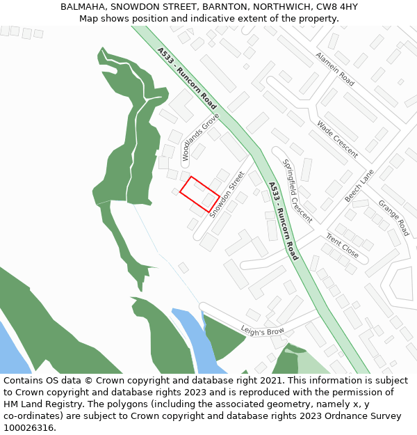 BALMAHA, SNOWDON STREET, BARNTON, NORTHWICH, CW8 4HY: Location map and indicative extent of plot